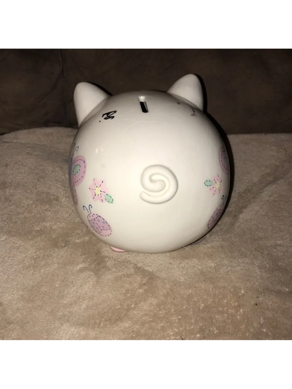 Ceramic White Piggy Bank with Pink Accents and Butterfly Design